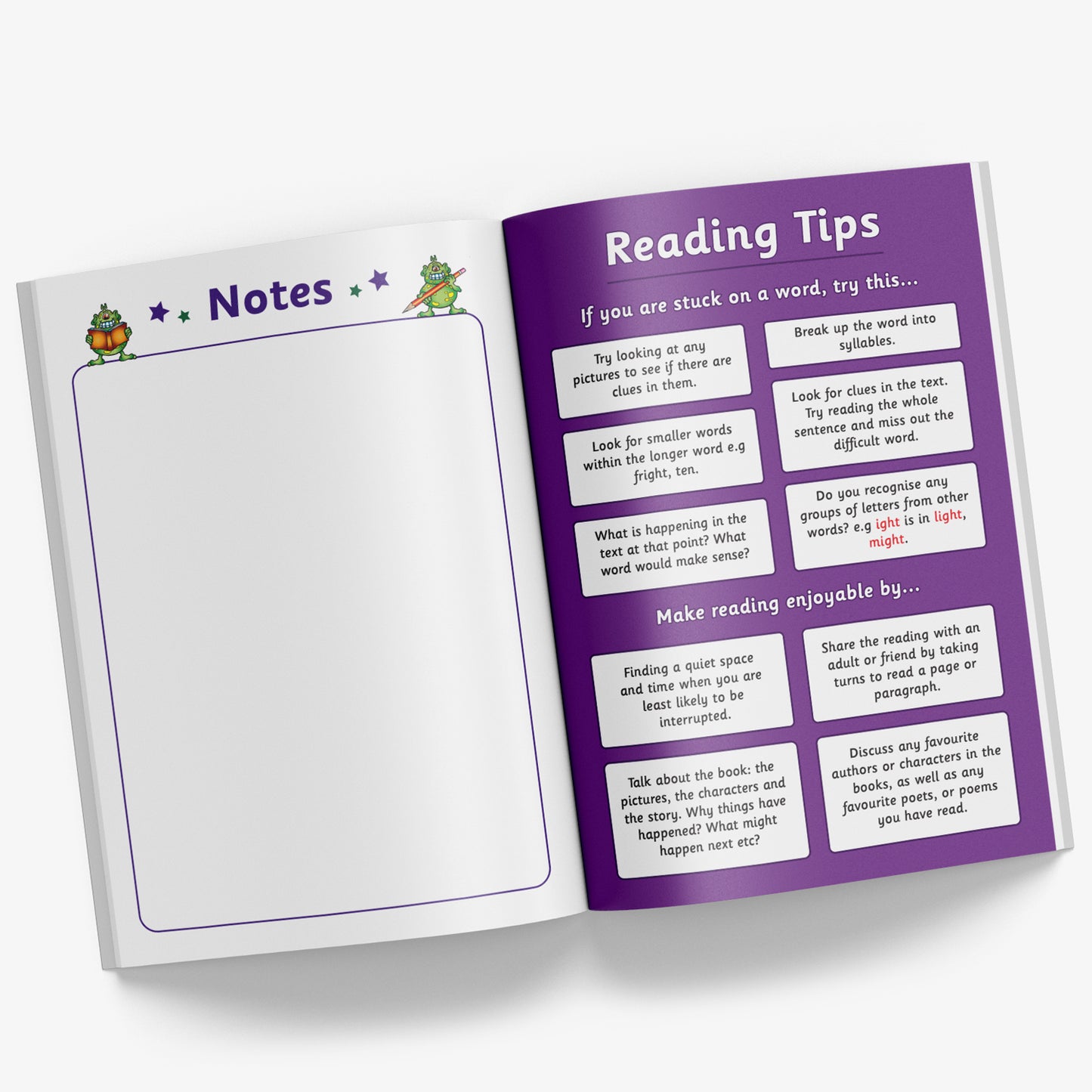 Internal pages of reading record book showing 'Reading Tips' page highlighting things to do if stuck on a word and how reading can be made more enjoyable; and a further page for making notes bordered by a colourful spot design.