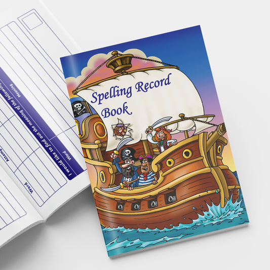 Pirate-themed 'Spelling Record Book' with a colourful illustration of a wooden pirate ship sailing on the sea, featuring cartoon pirates and a large sail displaying the book title in blue text. The open page beside it shows a structured table for spelling words, sentences, and adult initials.