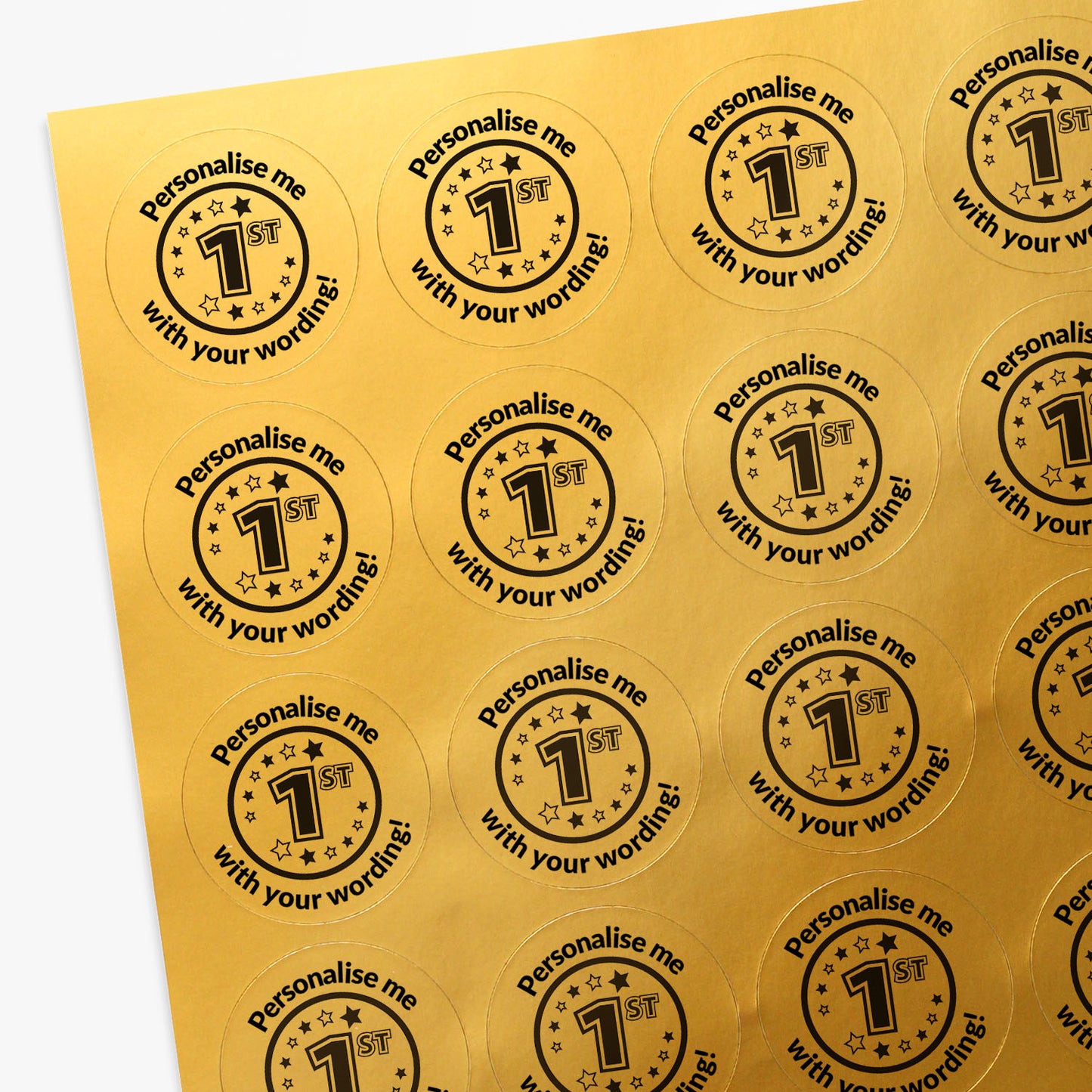Sheet of gold circular stickers with 'Personalise me' text.