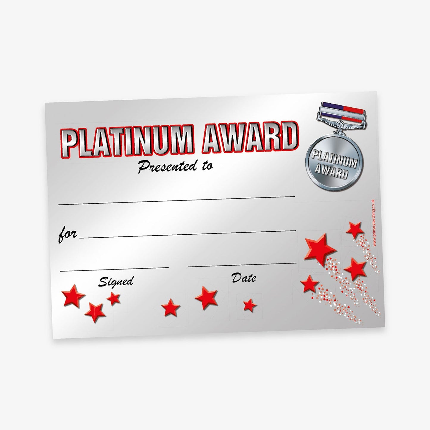 Platimum Award certificate with a silver gradient background. The title 'PLATINUM AWARD' is in large silver block letters with red keyline. Below are blank lines for 'Presented to', 'For', 'Signed', and 'Date'. Decorative elements include a medal with 'PLATINUM AWARD', a ribbon, and red stars scattered across the bottom and right side