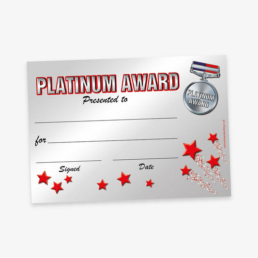 Platimum Award certificate with a silver gradient background. The title 'PLATINUM AWARD' is in large silver block letters with red keyline. Below are blank lines for 'Presented to', 'For', 'Signed', and 'Date'. Decorative elements include a medal with 'PLATINUM AWARD', a ribbon, and red stars scattered across the bottom and right side
