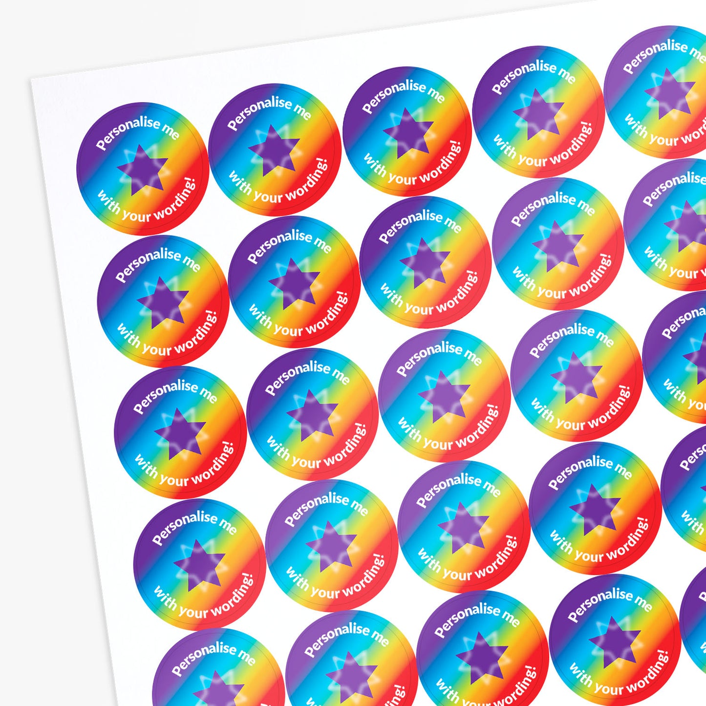 Multicoloured stickers with stars as a central image. Space for personalisation above and below the image.