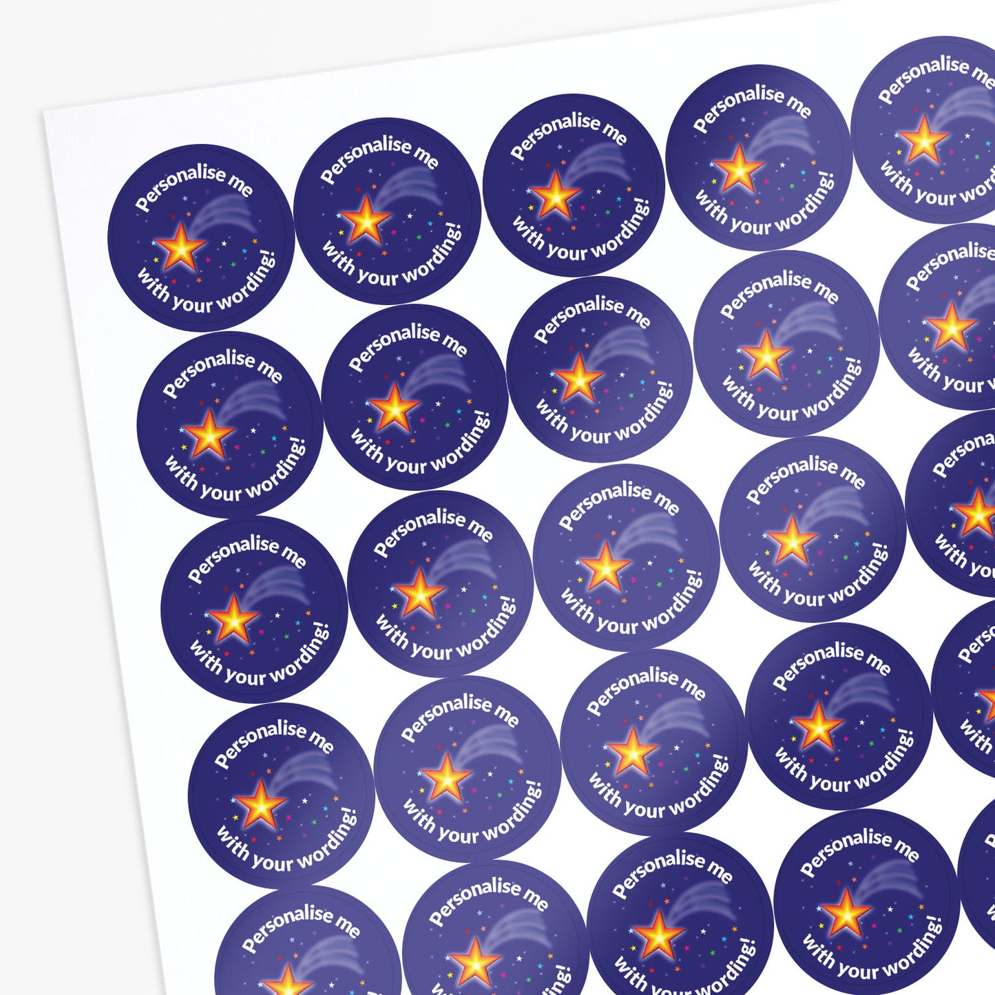 Purple stickers with a shooting star as a central image. 'Personalise me with your wording!' surrounds the image.