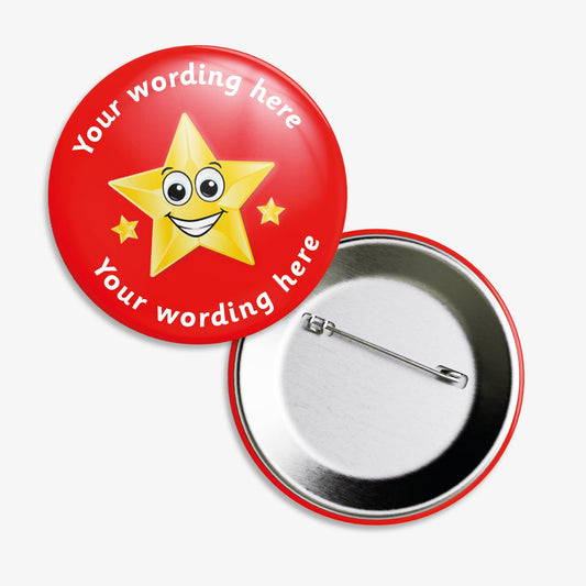 Set of ten 38mm round personalised badges featuring a smiling gold star character on a red background, with customisable white text above and below the star; equipped with safety pin fastenings, ideal for recognising pupil achievements.