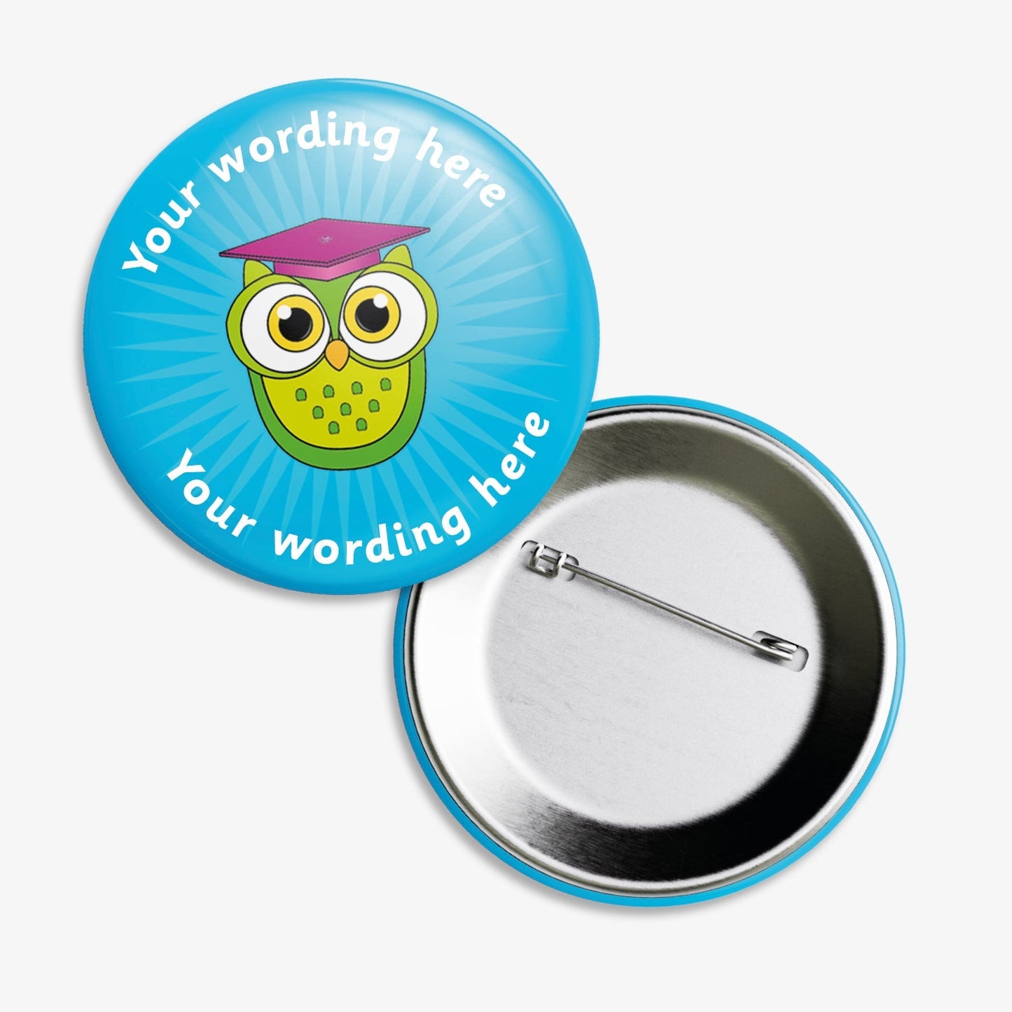 Set of ten 50mm round personalised badges featuring a green owl wearing a pink mortar board against a purple starburst background; includes customisable white text above and below the owl, equipped with safety pin fastenings.