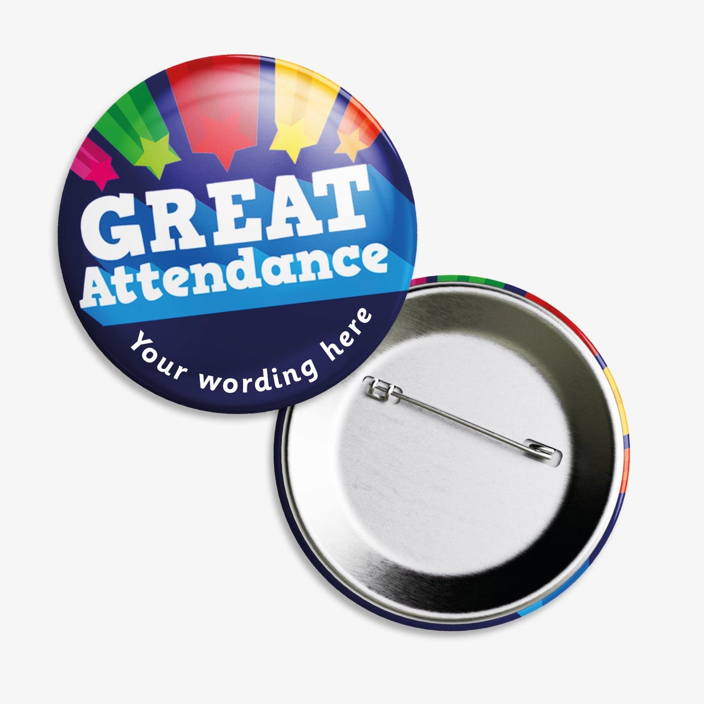 Set of ten 50mm round dark blue badges GREAT ATTENDANCE central to the design and 5 shooting stars above. These personalised badges include space for customisable text below the image, equipped with safety pin fastenings.