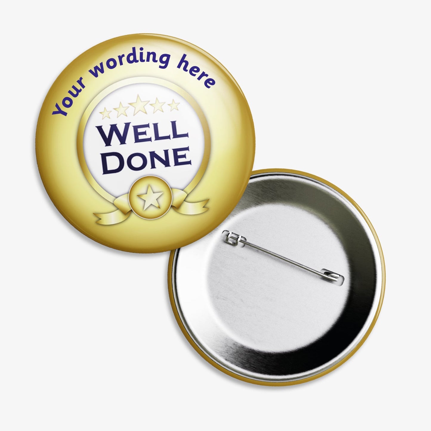Set of ten 38mm round personalised badges featuring a gold background with the phrase 'Well Done' in bold purple text, surrounded by five stars; includes customisable text above and below the central design, equipped with safety pin fastenings—ideal for recognising pupil achievements