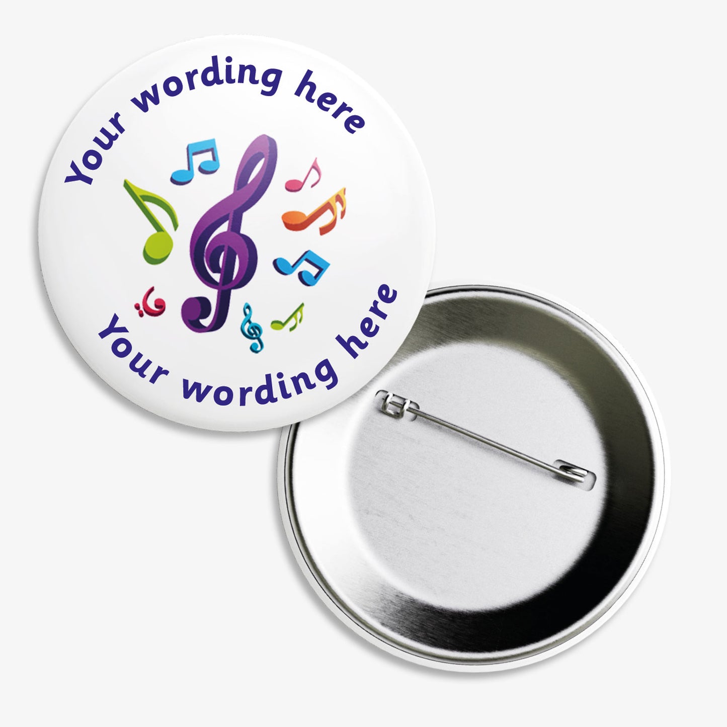 Set of ten 38mm round personalised badges featuring a central musical note icons on a white background, with customisable text above and below the icon; equipped with safety pin fastenings, ideal for recognising pupils' musical achievements or participation.