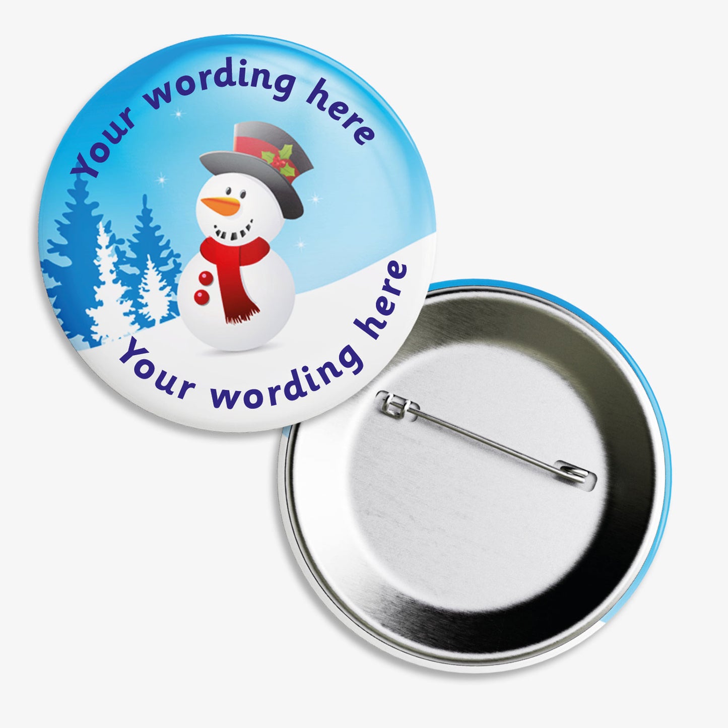 Set of ten 38mm round personalised badges featuring a cheerful snowman wearing a top hat and red scarf, set against a snowy blue background with pine trees; includes customisable text above and below the snowman, equipped with safety pin fastenings—ideal for festive rewards.