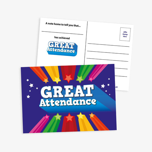 Front and back of a blue A6 postcard celebrating 'Great Attendance' with bold white text, rainbow-coloured shooting star illustrations above and below the text, and stars either side; reverse side includes space to add pupil details and a short message home