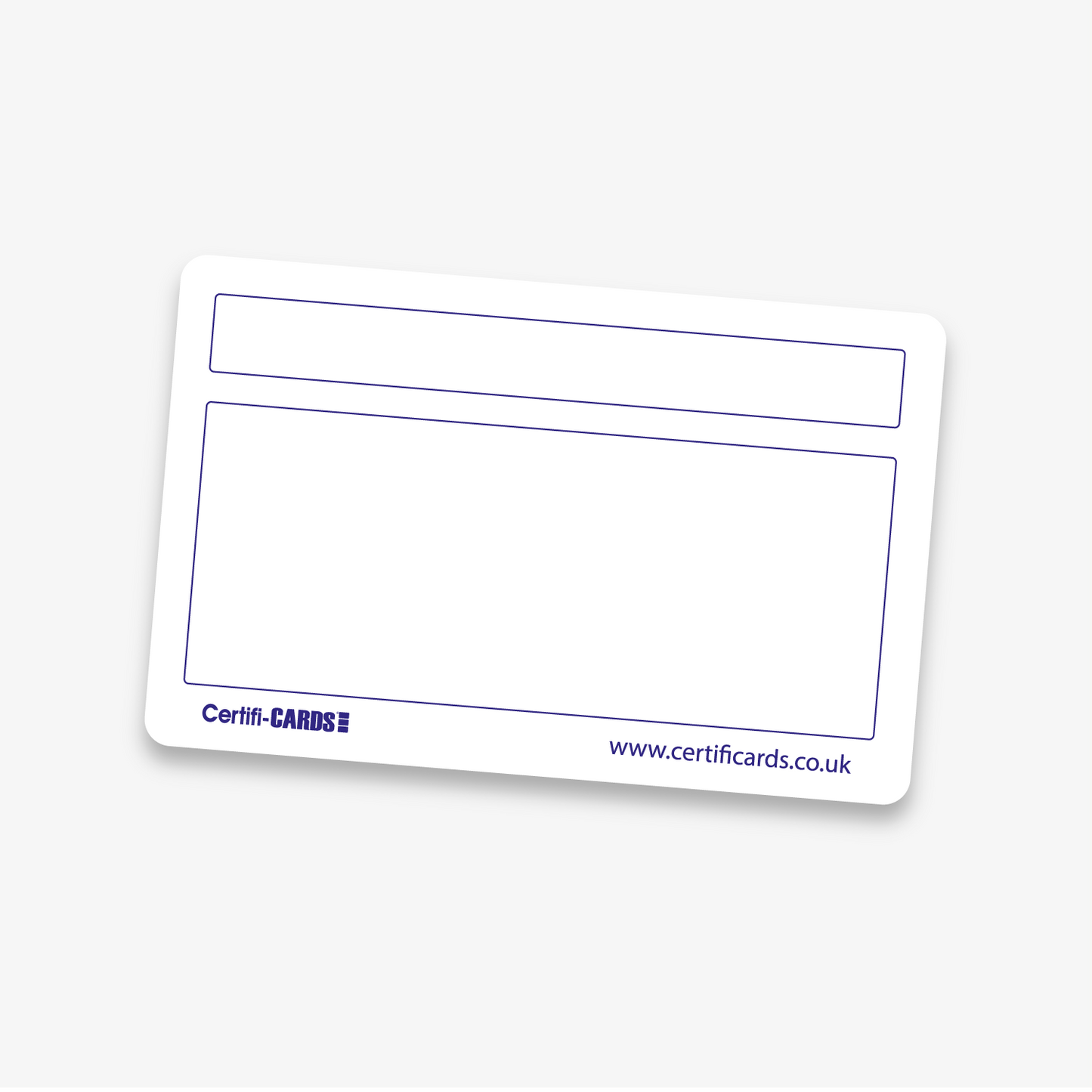 Personalised photo ID cards featuring a sample layout with a staff photo, company  name, staff member's name and role, and expiry date. The cards are available in plastic or eco card material, measuring 86mm x 54mm.