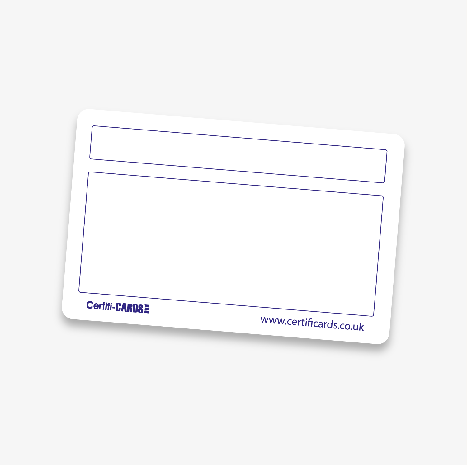 Personalised photo ID cards featuring a sample layout with a staff photo, company  name, staff member's name and role, and expiry date. The cards are available in plastic or eco card material, measuring 86mm x 54mm.