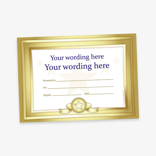 Gold-bordered certificate with star ribbon design, featuring placeholder text for custom wording, recipient, reason, signature, and date.