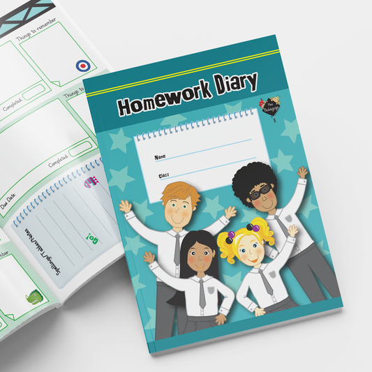 A school children themed 'Homework Diary' booklet for pupils. The front cover features 4 illustrated children in uniform waving. The background is blue in colour with stars. There are labelled spaces on the cover for writing the pupil's name and class.