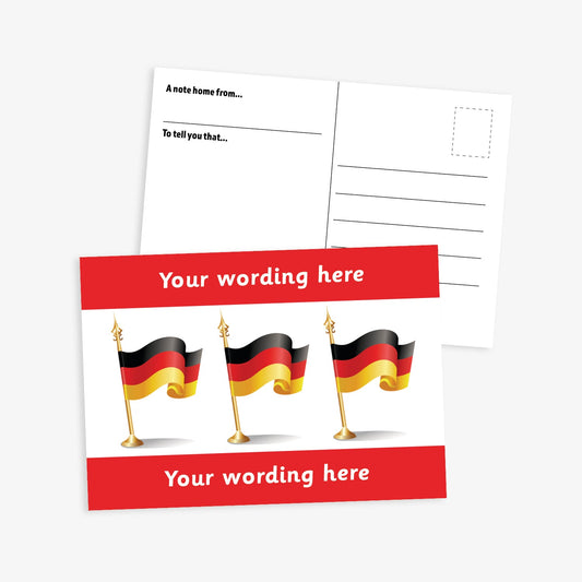 Personalised German Flag A6 Postcard –  The front features three waving German flags on a white background, framed by bold red borders at the top and bottom, where personalised text can be added. The reverse side includes space for a handwritten message and address, making it perfect for use in modern foreign language lessons or as a motivational reward.