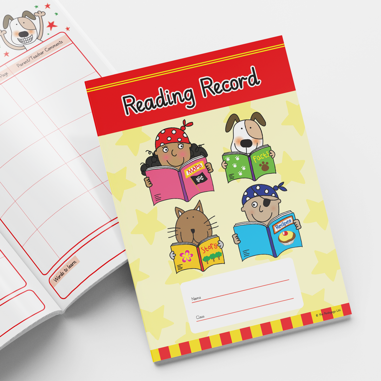 Playful 'Reading Record' book with a yellow star-patterned cover featuring cartoon characters—two children, a cat, and a dog—all reading books. The top has a bold red header with the title in white text. A box at the bottom allows space for 'Name' and 'Class'. The open page beside it includes illustrated reading sections with space for titles, comments, and adult initials.
