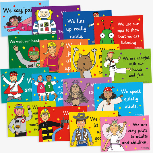 A collection of 16 colourful A4 classroom posters, each featuring a different cartoon character and a positive behaviour message such as 'We say, pardon', 'We line up really nicely', and 'We are very polite to adults and children'. The posters are designed to promote good manners and respectful behaviour among pupils.