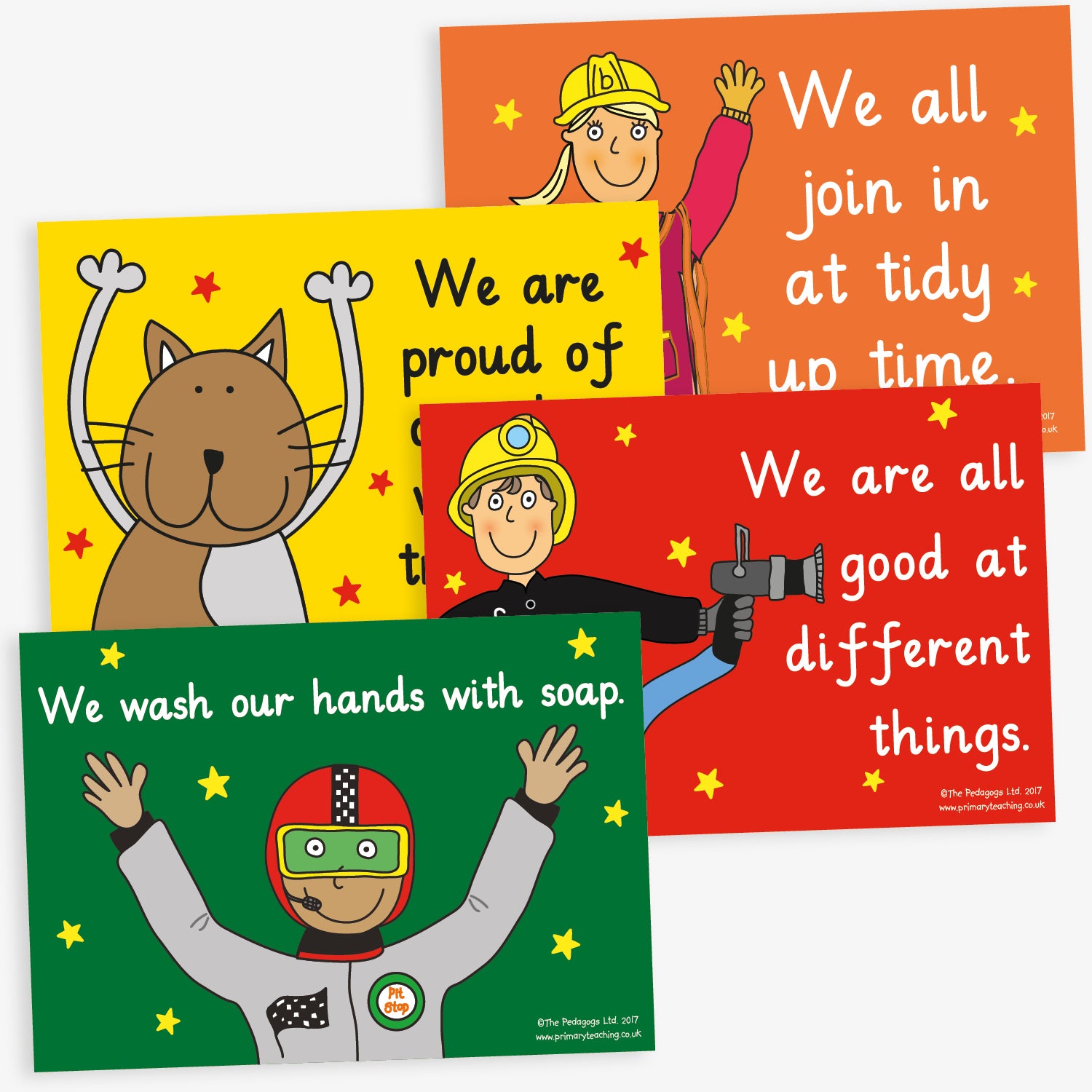 4 colourful A4 classroom posters, each featuring a different cartoon character and a positive behaviour message such as 'We say, pardon', 'We line up really nicely', and 'We are very polite to adults and children'. The posters are designed to promote good manners and respectful behaviour among pupils.
