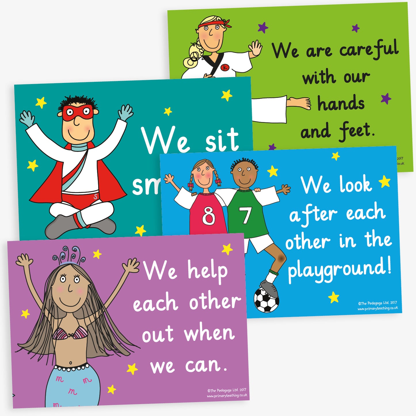 4 colourful A4 classroom posters, each featuring a different cartoon character and a positive behaviour message such as 'We say, pardon', 'We line up really nicely', and 'We are very polite to adults and children'. The posters are designed to promote good manners and respectful behaviour among pupils.