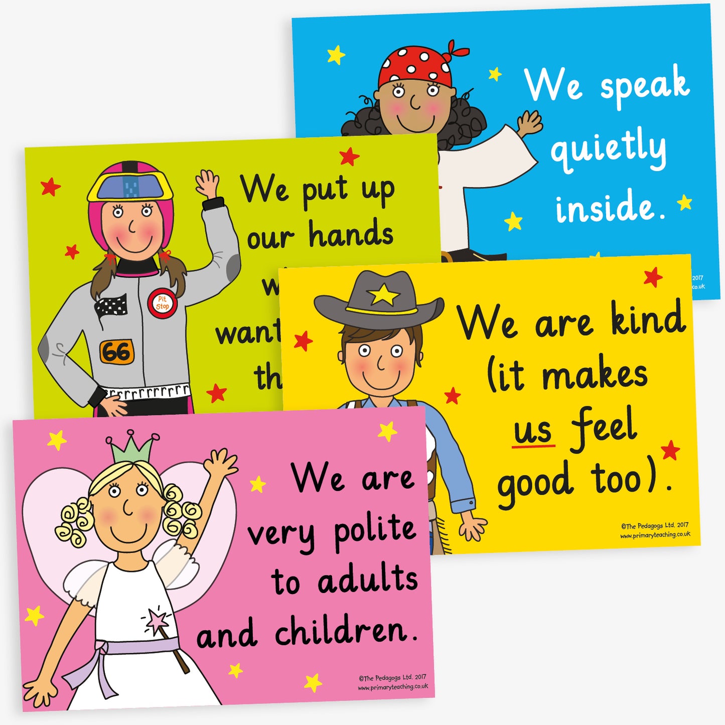 4 colourful A4 classroom posters, each featuring a different cartoon character and a positive behaviour message such as 'We say, pardon', 'We line up really nicely', and 'We are very polite to adults and children'. The posters are designed to promote good manners and respectful behaviour among pupils.