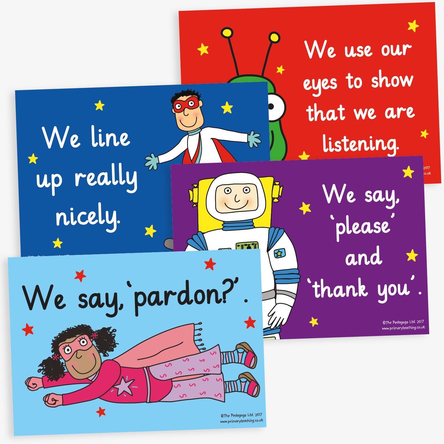 4 colourful A4 classroom posters, each featuring a different cartoon character and a positive behaviour message such as 'We say, pardon' and 'We line up really nicely'. The posters are designed to promote good manners and respectful behaviour among pupils.