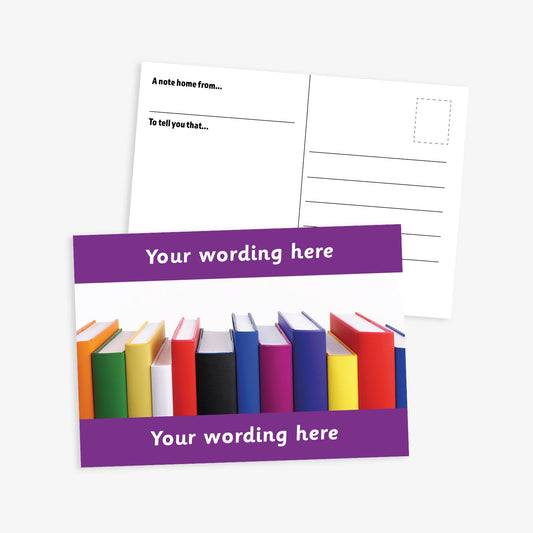 A6-sized personalised postcard featuring 12 books of varying colours and sizes lined up. The design includes customisable text areas above and below the image with purple border, allowing for personalised messages. The reverse side is formatted with recipient detail and address.  Available in 9 colour options.