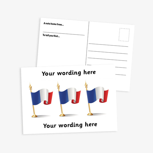 A6-sized personalised postcard featuring three French flags on gold poles against a white background, with customisable text areas above and below the flags; reverse side includes space for a handwritten message and recipient address—ideal for engaging pupils in French language or cultural activities.