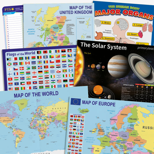A collection of educational wall posters, including: a map of the United Kingdom, a diagram of major human organs, a solar system chart, a 'Flags of the World' poster, maps of the world and Europe, and a classroom helper chart. Each chart is brightly coloured and clearly labelled, designed to support primary school learning across geography, science, and classroom organisation