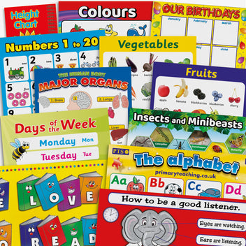 Collection of 12 colourful A2 educational posters and a 1.5-metre sunflower-themed height chart, featuring topics such as the alphabet, numbers 1–20, colours, fruits, vegetables, days and months, class birthdays, human body organs, insects and minibeasts, reading encouragement, listening skills, and a 'Things to Do' whiteboard.