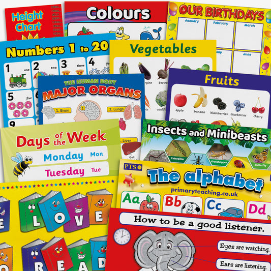 Collection of 12 colourful A2 educational posters and a 1.5-metre sunflower-themed height chart, featuring topics such as the alphabet, numbers 1–20, colours, fruits, vegetables, days and months, class birthdays, human body organs, insects and minibeasts, reading encouragement, listening skills, and a 'Things to Do' whiteboard.