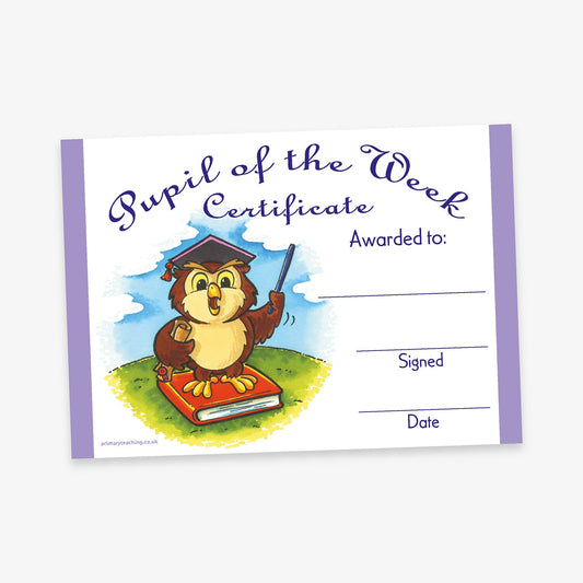 A 'Pupil of the Week Certificate' with a white background and purple borders on each side. The title is written in elegant cursive at the top. On the left side, there is an illustration of a wise-looking owl wearing a mortar board and holding a pointer, standing on a red book. The right side includes blank lines labelled: 'Awarded to:', 'Signed:', and 'Date:'.