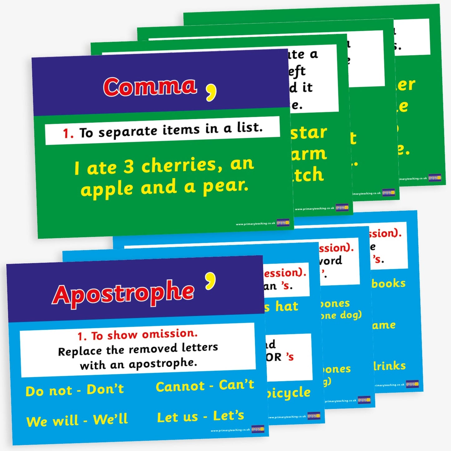 Set of 17 A4-sized punctuation posters designed for classroom use. Each poster features a specific punctuation mark—such as full stop, comma, apostrophe, colon, semicolon, brackets, ellipsis, question mark, exclamation mark, and speech marks—accompanied by a clear definition and example sentence. The posters are brightly coloured with bold, legible text, intended to support pupils' understanding of punctuation in literacy education.