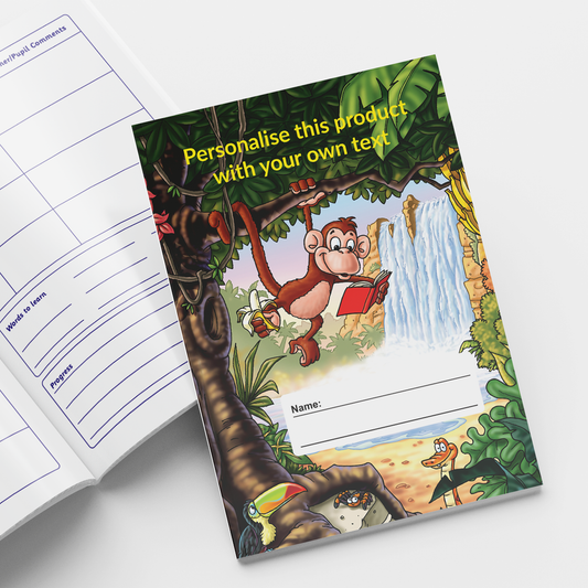 A5-sized personalised reading record books featuring a jungle scene background with a monkey hanging from a tree reading a book; each book contains 40 pages with sections for recording reading progress, parent/teacher comments, and book reviews; designed to support pupils' literacy development and home-school communication in educational settings