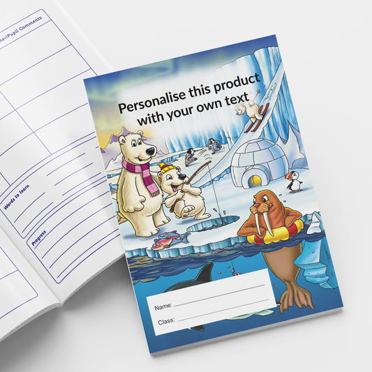 A5-sized personalised reading record books featuring a polar scene background with polar bears fishing through the ice, a walrus watching them and an igloo in the background; each book contains 40 pages with sections for recording reading progress, parent/teacher comments, and book reviews; designed to support pupils' literacy development and home-school communication in educational settings