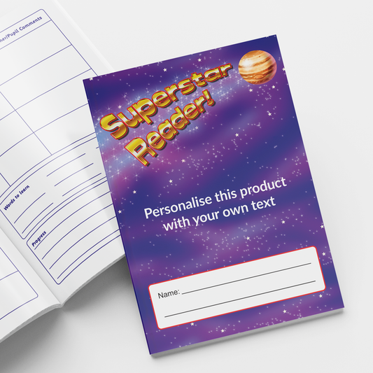 A5-sized personalised reading record books featuring a vibrant space-themed design with a purple background, scattered stars, and a planet illustration; each book contains 40 pages with sections for recording reading progress, parent/teacher comments, and book reviews; designed to support pupils' literacy development and home-school communication in educational settings