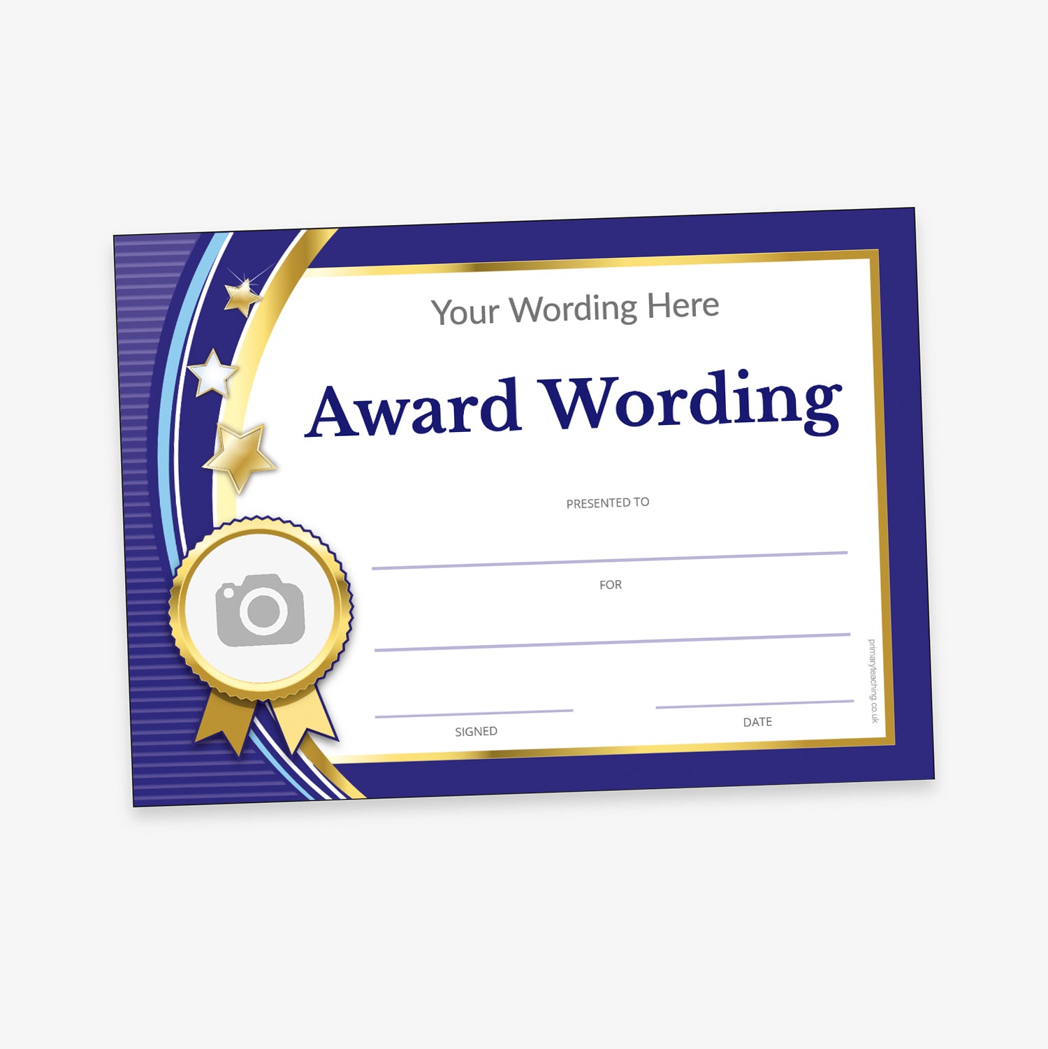 Customisable award certificate with a blue, gold, and white design. Features placeholder text 'Your Wording Here' and 'Award Wording' in the centre, with fields for 'Presented to', 'For', 'Signed', and 'Date'. A gold rosette with a camera icon placeholder is positioned on the lower left, and decorative gold stars arc along the top left corner.