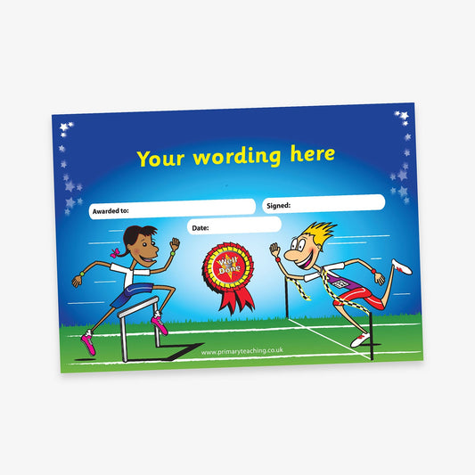A colourful certificate template with a sporty theme. The background features two cartoon children racing on a track, smiling and energetic. At the top, the text reads 'Your wording here' in yellow. Below are blank fields labelled 'Awarded to:', 'Date:', and 'Signed:'. A large red and gold rosette with the text 'Star Award' is placed in the centre. The background is blue with stars and a green grass field.