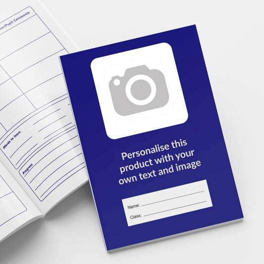 A5-sized personalised reading record books featuring space to upload a loge, personalise text and choose a colour for the cover of the book; each book contains 40 pages with sections for recording reading progress, parent/teacher comments, and book reviews; designed to support pupils' literacy development and home-school communication in educational settings