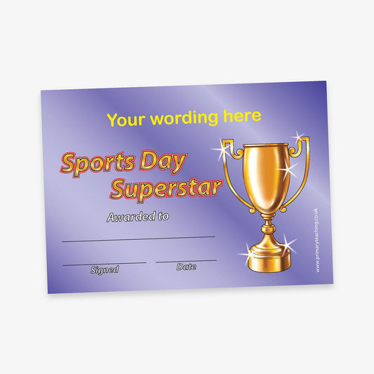 Customisable Sports Day Superstar certificate featuring a golden trophy illustration on a purple gradient background.