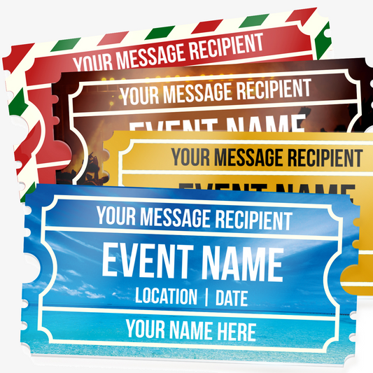 Montage of four acrylic tickets with design themes including Christmas, concerts, golden and trips, with customisable text fields that include ‘recipient’, ‘event name’, location | date’, and ‘your name’, designed with a classic ticket border style.