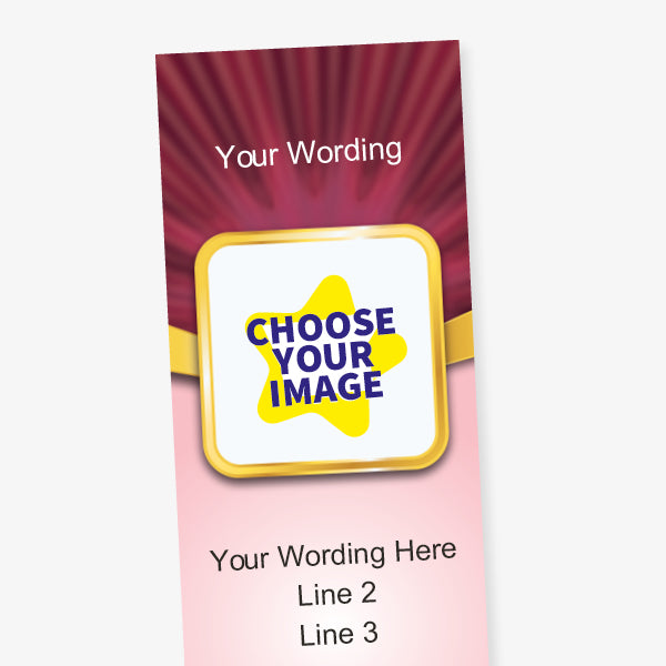 Close up of a customisable award bookmark with a burgundy and gold theme. Features placeholder text at the top reading 'Your Wording' and a central image box labelled 'CHOOSE YOUR IMAGE' with a yellow star. Below are three lines of placeholder text, and the bottom section displays three gold stars on a burgundy background.