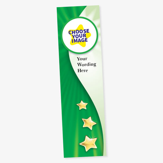 Customisable bookmark design with a green and white curved background. The top features a circular placeholder labelled 'CHOOSE YOUR IMAGE', with space below for personalised text reading 'Your Wording Here'. Three gold stars are arranged vertically toward the bottom.