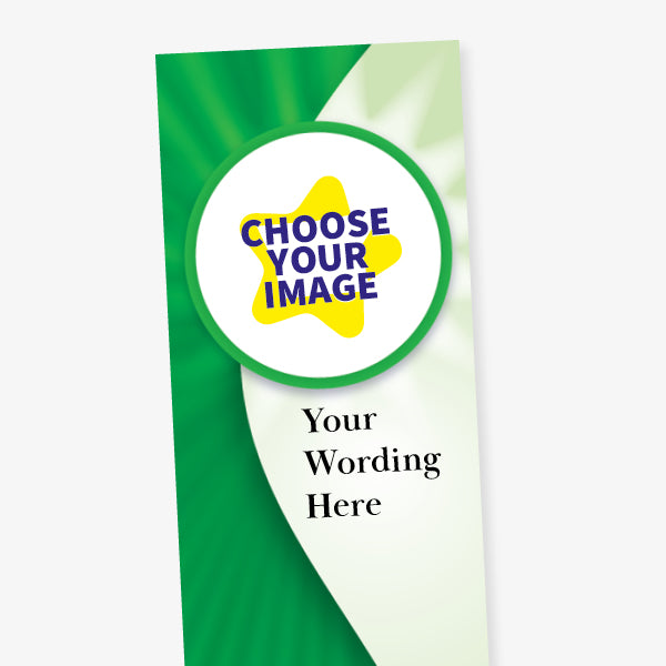 Close up of top of customisable bookmark design with a green and white curved background. The top features a circular placeholder labelled 'CHOOSE YOUR IMAGE', with space below for personalised text reading 'Your Wording Here'. Three gold stars are arranged vertically toward the bottom.