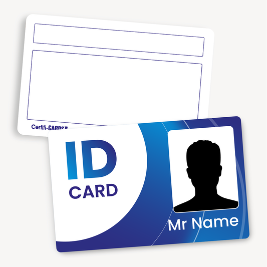 Customisable ID card measuring 86mm by 54mm, featuring a an icon that the full front of the card is an 'Upload your image'.  You also see the reverse of the card with 2 text boxes.