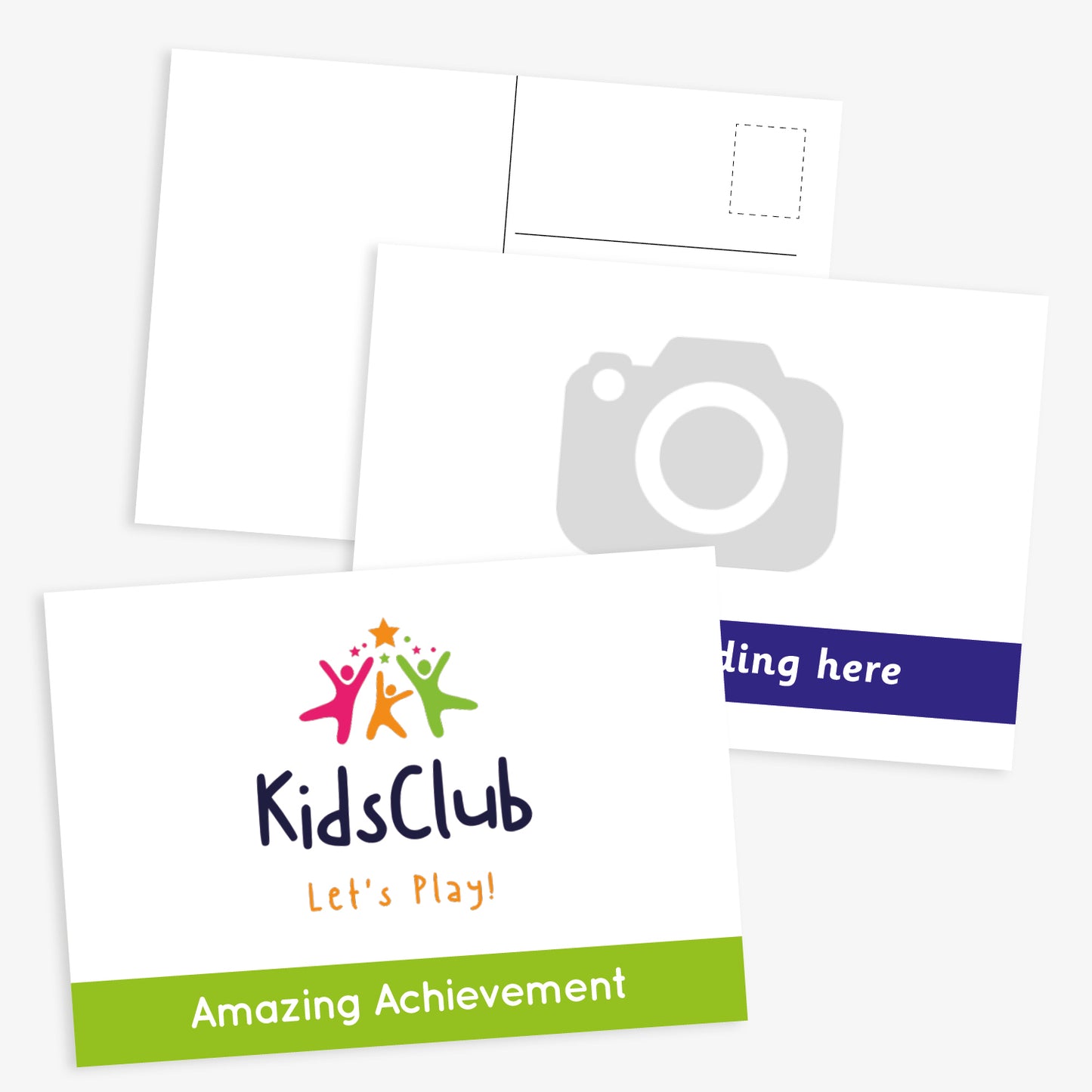 Customisable school postcard design. The front shows a a Kidsclub logo, with a caption at the bottom reading 'Amazing Achievement'. The one below includes space for a photo and banner at bottom for customised text. The reverse of the postcard has space for a message, address, and stamp.