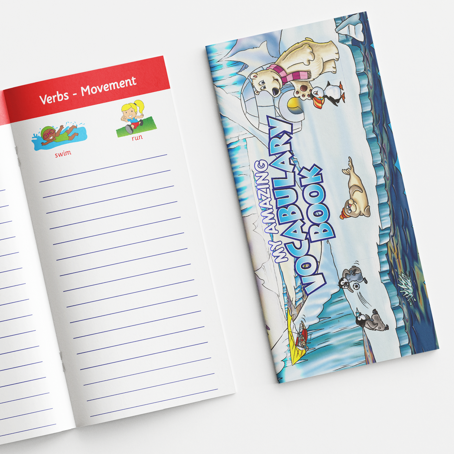 Arctic-themed 'My Amazing Vocabulary Book' with cartoon animals including a polar bear, seal, penguin, and husky on a snowy, icy background. The title is in bold blue text across the icy landscape. The open page beside it is titled 'Verbs – Movement' and shows illustrated examples of 'Swim' and 'Run', with lined space beneath for writing.