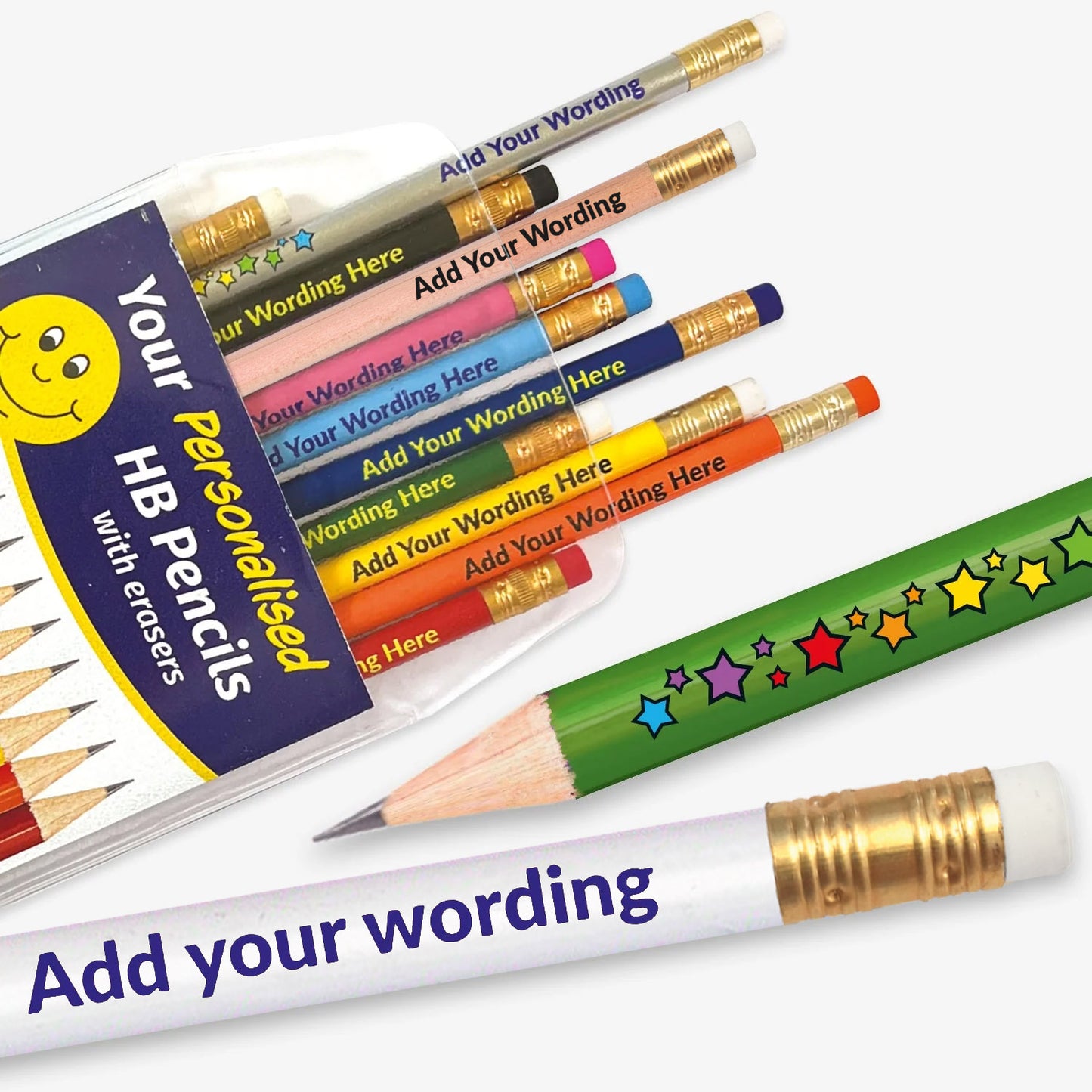 Personalised set of 12 HB pencils, each barrel a different colour. With stars along half of the barrel there remains space to customise text on the remaining space, complete with eraser. Designed for classroom rewards or promotional use.