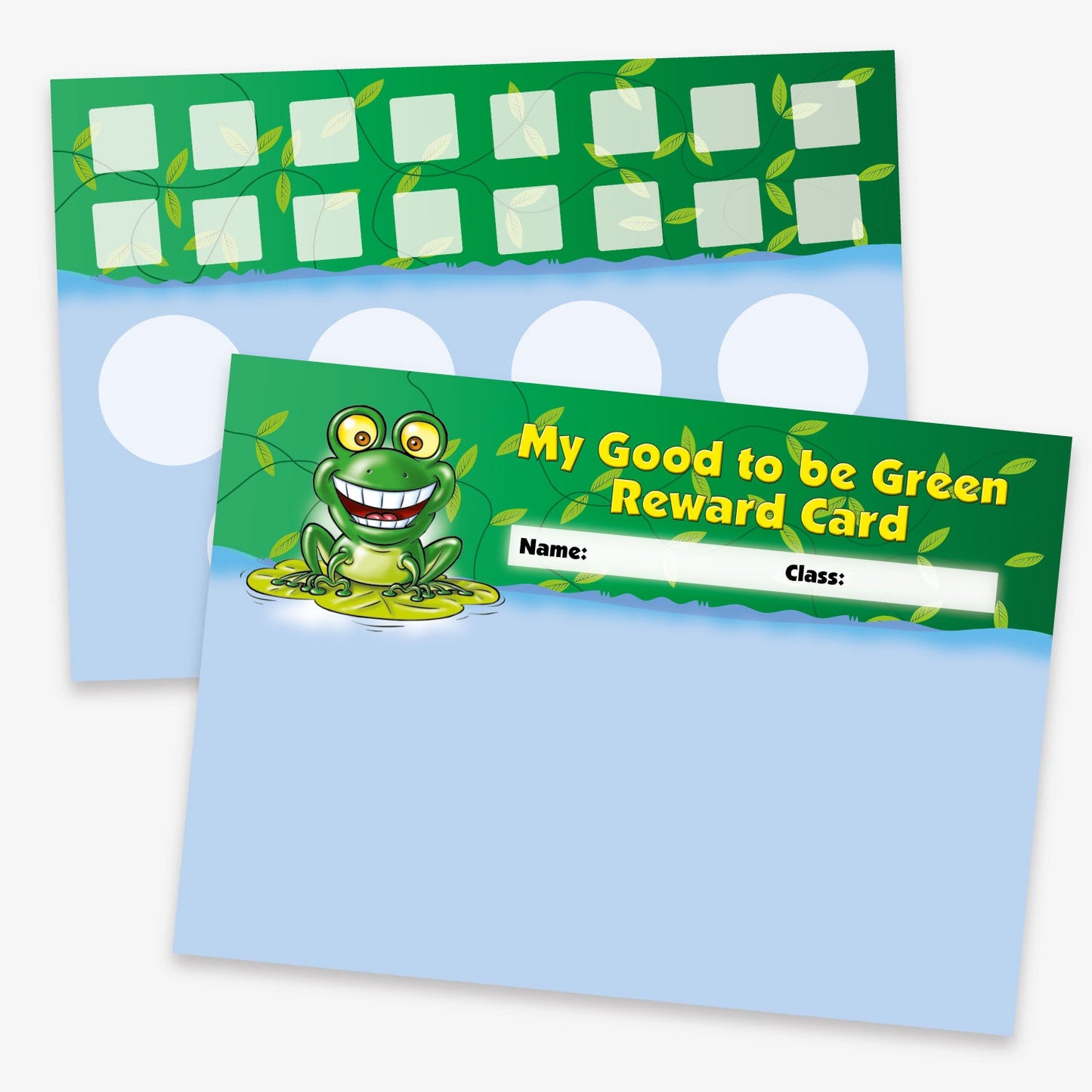 A5 double-sided 'My Good to be Green Reward card'' with space at top for 'Name:' and 'Class'.  Spaces on the fromnt and back for stickers.  The top third of the card has a cartoon frog on a lily pad, the remaining is a river.