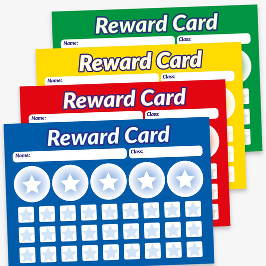 A set of colourful pupil reward sticker saver cards in green, yellow, red, and blue. Each card has spaces for 'Name' and 'Class' at the top, followed by five large star icons and a grid of smaller stars for tracking progress or achievements. Designed for use in classroom behaviour or incentive systems.
