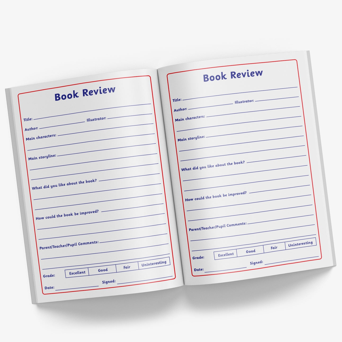 Internal pages of reading record book showing Book Review pages for the reader to review the book that they have read
